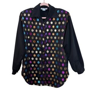 Vintage Jeri Marque Colorful Metallic Polka Dot Blouse‎ Womens M Party Top USA